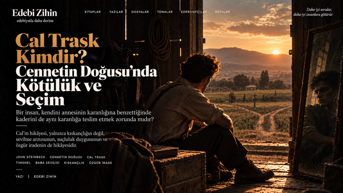 Salinas Vadisi’ne açılan bir kapının önünde oturan Cal Trask figürüyle kötülük, miras, suçluluk ve özgür irade arasındaki çatışmayı anlatan editoryal hero görseli