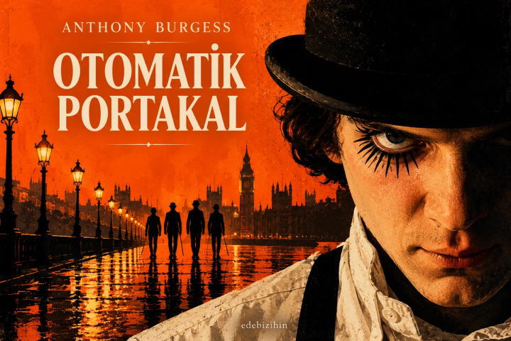 Anthony Burgess'ın Otomatik Portakal romanına özel turuncu-siyah distopik Edebizihin illüstrasyonu