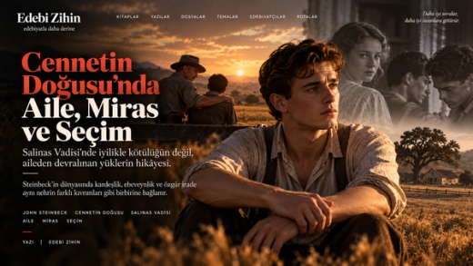 Salinas Vadisi’nde oturan genç bir erkek figürü, aile ilişkileri ve geçmişten taşınan bağlarla Cennetin Doğusu’ndaki miras, kardeşlik ve seçim temasını anlatan editoryal hero görseli