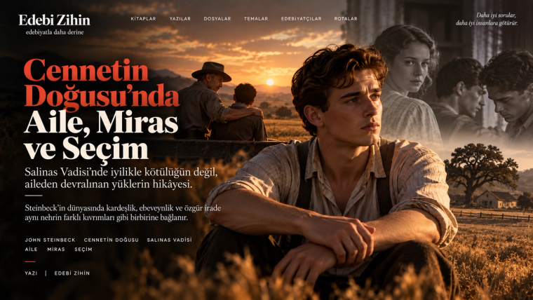 Salinas Vadisi’nde oturan genç bir erkek figürü, aile ilişkileri ve geçmişten taşınan bağlarla Cennetin Doğusu’ndaki miras, kardeşlik ve seçim temasını anlatan editoryal hero görseli
