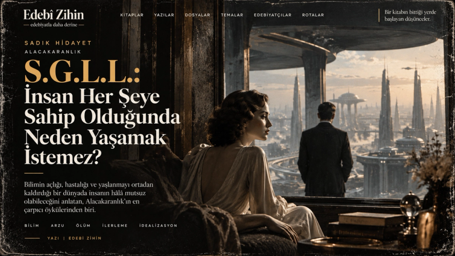 S.G.L.L. — Sadık Hidayet'in geleceğinde Susan ve Ted, retrofütürist şehir ve Edebî Zihin tipografik başlığı