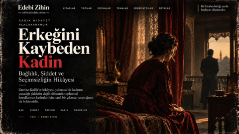 Erkeğini Kaybeden Kadın — bordo giysili kadın ve uzakta erkek silüetiyle şiddet, bağlılık ve toplumsal baskı temalı Edebî Zihin görseli