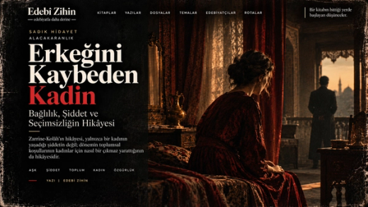 Erkeğini Kaybeden Kadın — bordo giysili kadın ve uzakta erkek silüetiyle şiddet, bağlılık ve toplumsal baskı temalı Edebî Zihin görseli