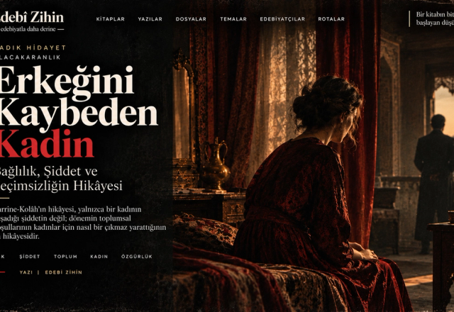 Erkeğini Kaybeden Kadın — bordo giysili kadın ve uzakta erkek silüetiyle şiddet, bağlılık ve toplumsal baskı temalı Edebî Zihin görseli