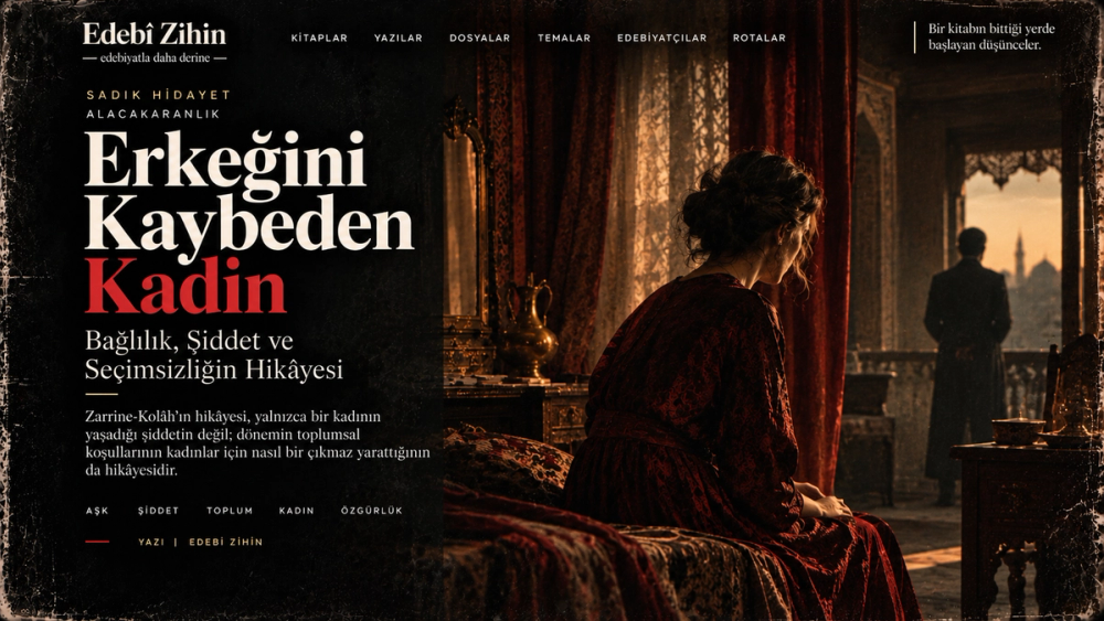 Erkeğini Kaybeden Kadın — bordo giysili kadın ve uzakta erkek silüetiyle şiddet, bağlılık ve toplumsal baskı temalı Edebî Zihin görseli
