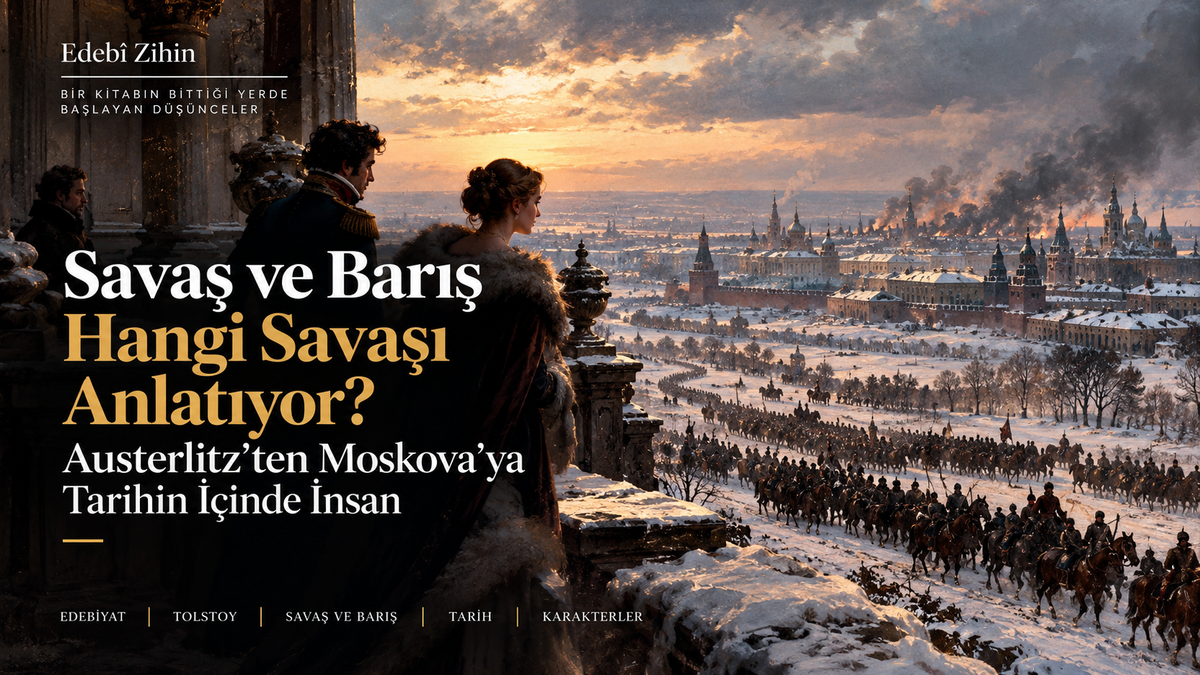 Karlı Rusya manzarasında ilerleyen askerî birlikler, uzakta dumanlar içindeki şehir ve savaşı yüksekten izleyen aristokrat figürlerle Savaş ve Barış’ın Austerlitz’ten 1812 Rusya Seferi’ne uzanan tarihsel çatışmasını anlatan Edebî Zihin illüstrasyonu.