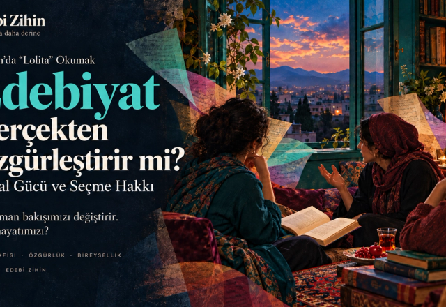 Tahran manzaralı açık pencere önünde kitap üzerine konuşan üç kadın. Turkuaz başlıklı görselde kitaplar, renkli sayfa kolajları ve gün batımı yer alıyor.