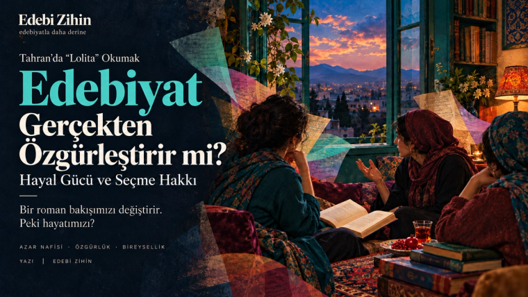 Tahran manzaralı açık pencere önünde kitap üzerine konuşan üç kadın. Turkuaz başlıklı görselde kitaplar, renkli sayfa kolajları ve gün batımı yer alıyor.