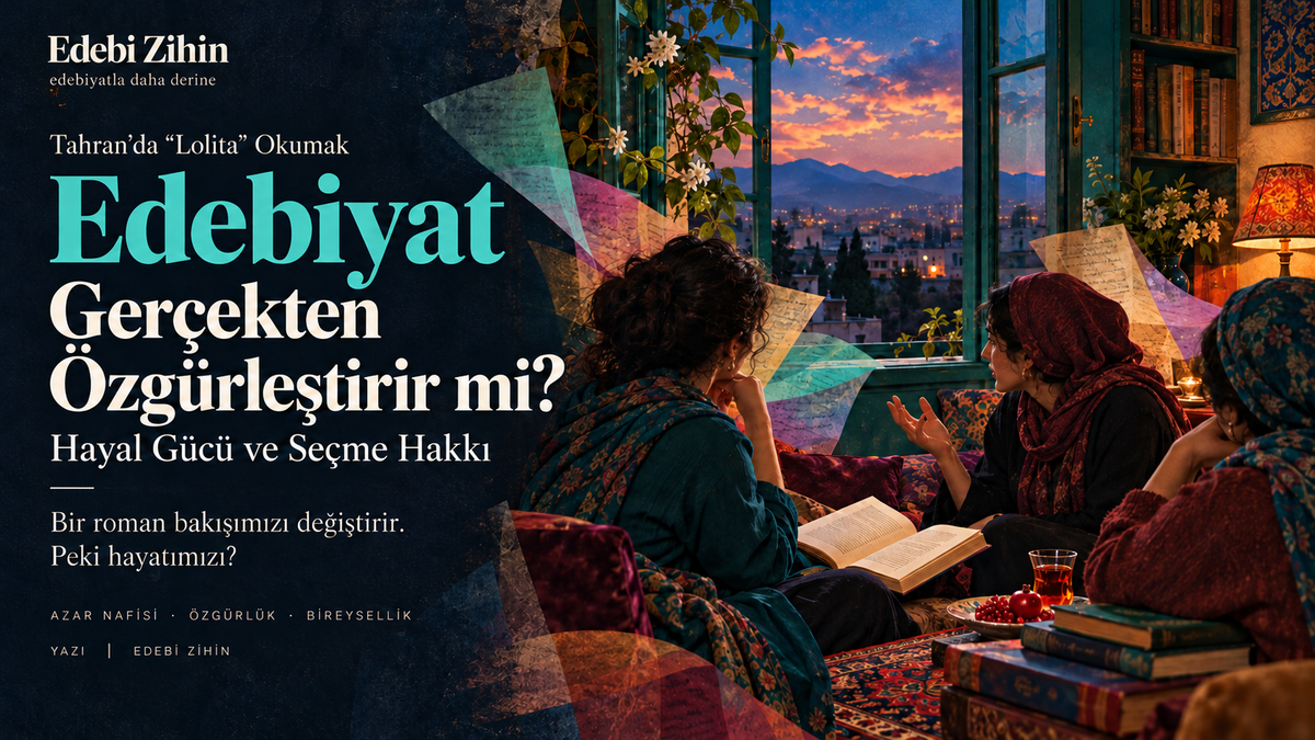 Tahran manzaralı açık pencere önünde kitap üzerine konuşan üç kadın. Turkuaz başlıklı görselde kitaplar, renkli sayfa kolajları ve gün batımı yer alıyor.