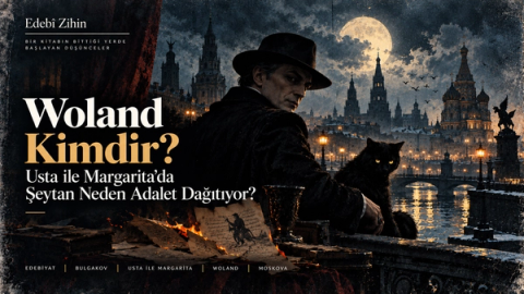 Ay ışığı altındaki Moskova manzarası önünde oturan Woland ve yanında siyah kedi Behemot; yanan el yazmaları, karanlık nehir kıyısı ve gotik şehir siluetiyle Usta ile Margarita’da şeytanın ahlaki ve gizemli varlığını simgeleyen Edebî Zihin illüstrasyonu.