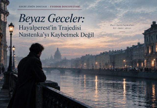 Petersburg kanalında beyaz gece ışığında tek başına duran Hayalperest; Beyaz Geceler dosyasının ana editoryal görseli.
