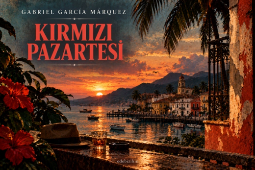 Gabriel García Márquez'in Kırmızı Pazartesi romanı için gün batımında Karayip sahil kasabası ve liman illüstrasyonu