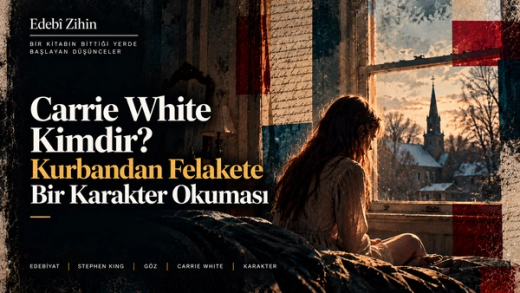 Carrie White’ın loş bir odada pencere önünde yalnız oturduğu, dışarıda kilise ve kış manzarasının görüldüğü Edebî Zihin karakter illüstrasyonu.