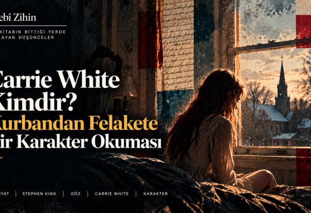 Carrie White’ın loş bir odada pencere önünde yalnız oturduğu, dışarıda kilise ve kış manzarasının görüldüğü Edebî Zihin karakter illüstrasyonu.