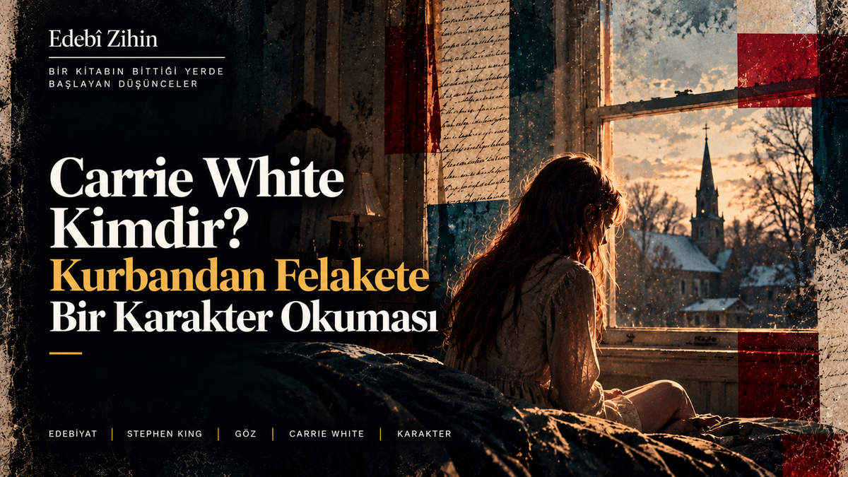 Carrie White’ın loş bir odada pencere önünde yalnız oturduğu, dışarıda kilise ve kış manzarasının görüldüğü Edebî Zihin karakter illüstrasyonu.