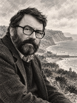 John Fowles için hazırlanan, gözlüklü sakallı yazarın Lyme Regis kıyısında gösterildiği siyah beyaz yorumlayıcı portre illüstrasyonu