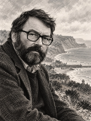 John Fowles için hazırlanan, gözlüklü sakallı yazarın Lyme Regis kıyısında gösterildiği siyah beyaz yorumlayıcı portre illüstrasyonu