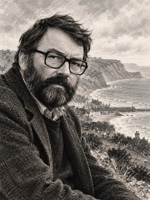 John Fowles için hazırlanan, gözlüklü sakallı yazarın Lyme Regis kıyısında gösterildiği siyah beyaz yorumlayıcı portre illüstrasyonu