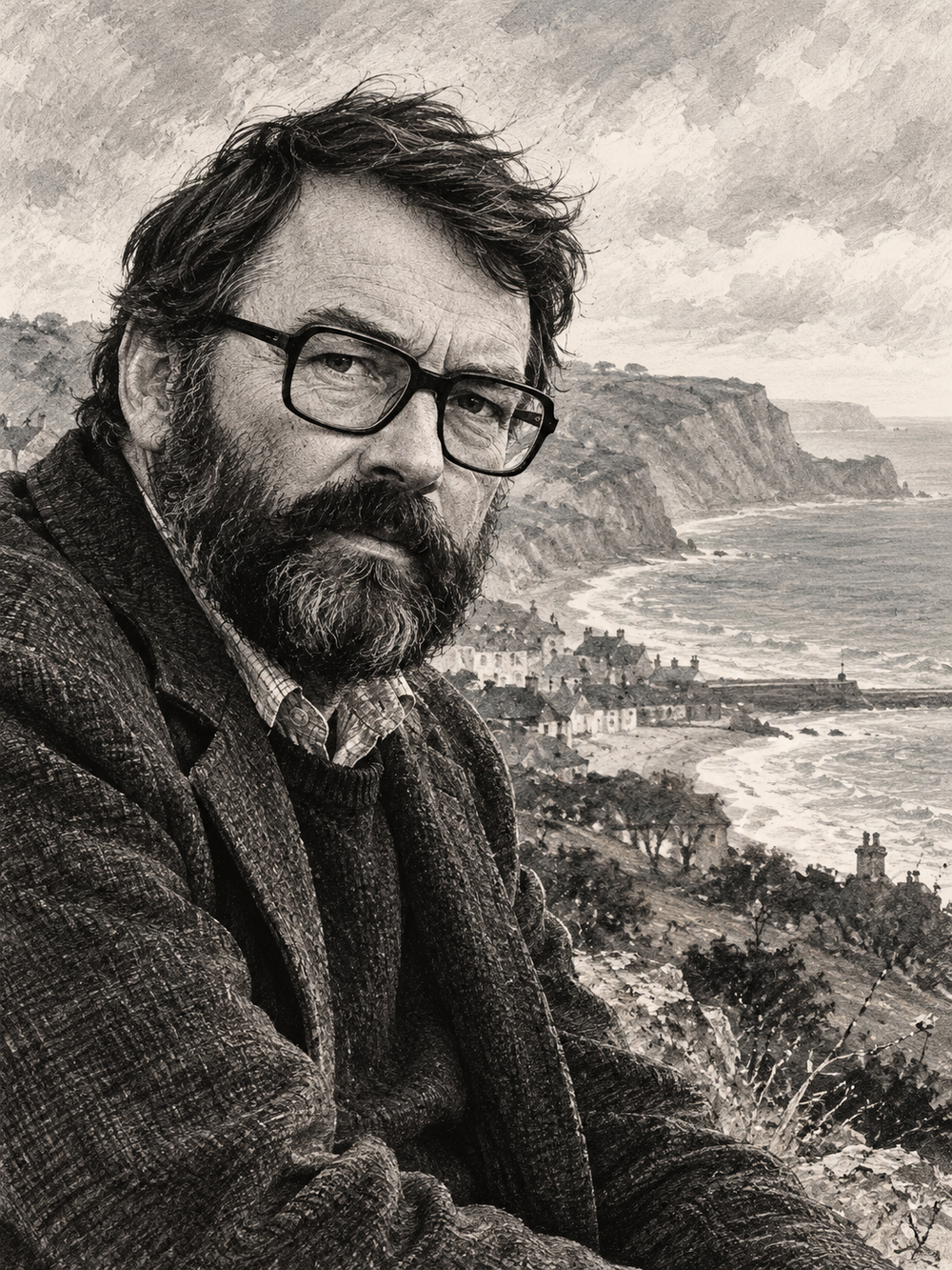 John Fowles için hazırlanan, gözlüklü sakallı yazarın Lyme Regis kıyısında gösterildiği siyah beyaz yorumlayıcı portre illüstrasyonu