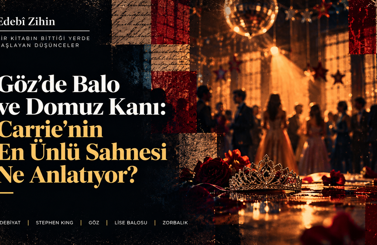 Göz romanındaki balo sahnesini temsil eden, loş balo salonunda taç, kırmızı çiçekler ve kalabalık siluetlerinin yer aldığı Edebî Zihin illüstrasyonu.