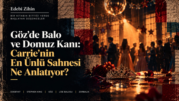 Göz romanındaki balo sahnesini temsil eden, loş balo salonunda taç, kırmızı çiçekler ve kalabalık siluetlerinin yer aldığı Edebî Zihin illüstrasyonu.