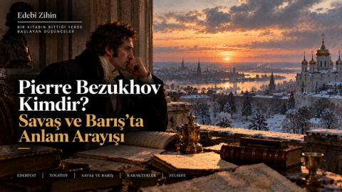 Kışlık Rusya manzarasına karşı düşüncelere dalmış Pierre Bezukhov, önündeki kitaplar ve notlarla birlikte; karakterin Savaş ve Barış boyunca sürdürdüğü anlam, kimlik ve yaşam amacı arayışını simgeleyen Edebî Zihin illüstrasyonu.