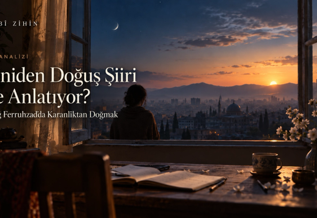 Şafak vakti açık pencere önünde duran kadın silueti, şehir manzarası, hilal ve masadaki açık defterle Yeniden Doğuş şiirini çağrıştıran editoryal illüstrasyon.