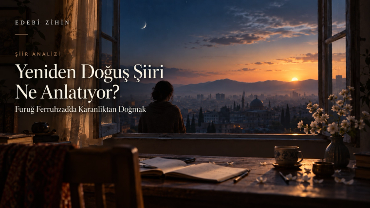 Şafak vakti açık pencere önünde duran kadın silueti, şehir manzarası, hilal ve masadaki açık defterle Yeniden Doğuş şiirini çağrıştıran editoryal illüstrasyon.