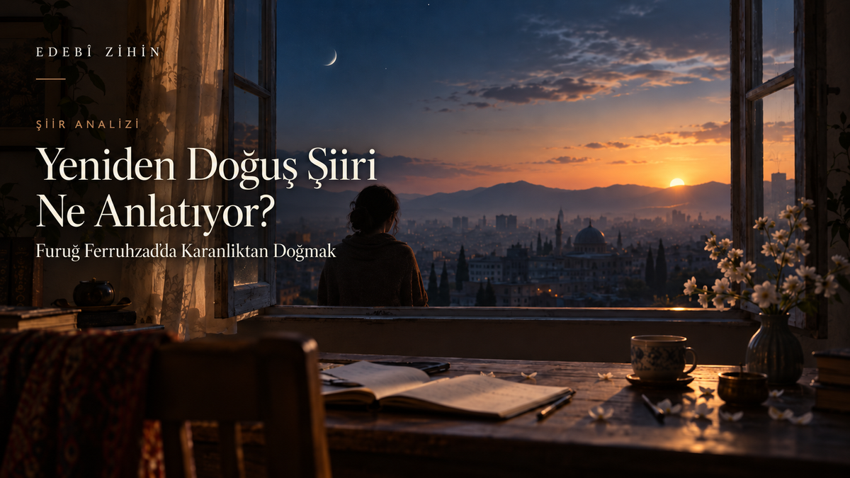 Şafak vakti açık pencere önünde duran kadın silueti, şehir manzarası, hilal ve masadaki açık defterle Yeniden Doğuş şiirini çağrıştıran editoryal illüstrasyon.