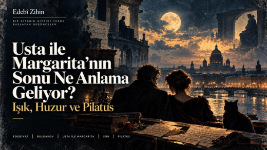 Ay ışığı altında nehir kıyısındaki Petersburg benzeri şehir manzarasına bakan Usta ve Margarita, yanlarında siyah bir kedi, ön planda el yazmaları ve kitaplarla; romanın finalindeki huzur, vedalaşma ve Pilatus hattını çağrıştıran Edebî Zihin illüstrasyonu.