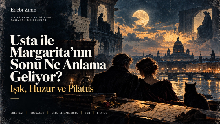 Ay ışığı altında nehir kıyısındaki Petersburg benzeri şehir manzarasına bakan Usta ve Margarita, yanlarında siyah bir kedi, ön planda el yazmaları ve kitaplarla; romanın finalindeki huzur, vedalaşma ve Pilatus hattını çağrıştıran Edebî Zihin illüstrasyonu.