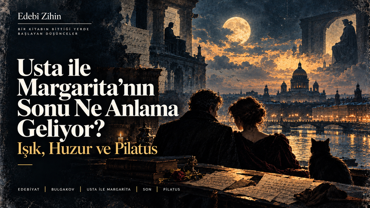 Ay ışığı altında nehir kıyısındaki Petersburg benzeri şehir manzarasına bakan Usta ve Margarita, yanlarında siyah bir kedi, ön planda el yazmaları ve kitaplarla; romanın finalindeki huzur, vedalaşma ve Pilatus hattını çağrıştıran Edebî Zihin illüstrasyonu.