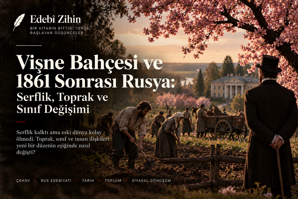 Vişne Bahçesi ve 1861 Sonrası Rusya — serflik, toprak ve sınıf değişimini anlatan Edebî Zihin tipografik hero görseli