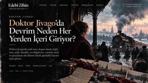 Doktor Jivago’da devrimin gündelik hayata etkisini simgeleyen, karlı bir Rus tren istasyonunda buharlı lokomotif, yolcular, bavullar ve eski mektupların yer aldığı Edebî Zihin illüstrasyonu.