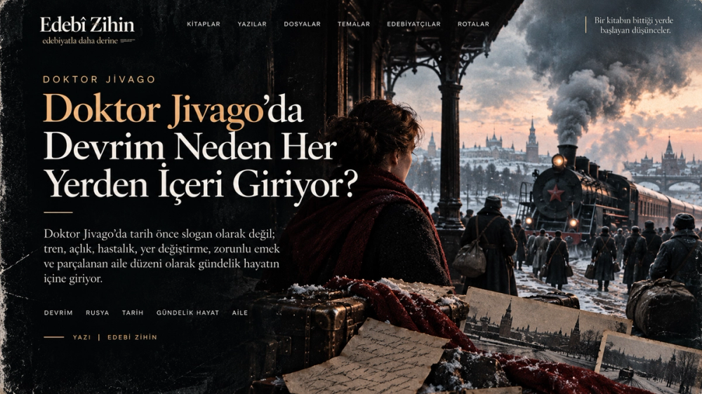 Doktor Jivago’da devrimin gündelik hayata etkisini simgeleyen, karlı bir Rus tren istasyonunda buharlı lokomotif, yolcular, bavullar ve eski mektupların yer aldığı Edebî Zihin illüstrasyonu.