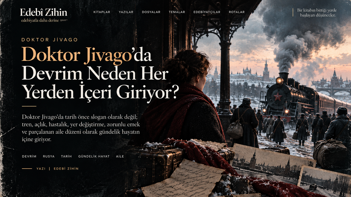 Doktor Jivago’da devrimin gündelik hayata etkisini simgeleyen, karlı bir Rus tren istasyonunda buharlı lokomotif, yolcular, bavullar ve eski mektupların yer aldığı Edebî Zihin illüstrasyonu.