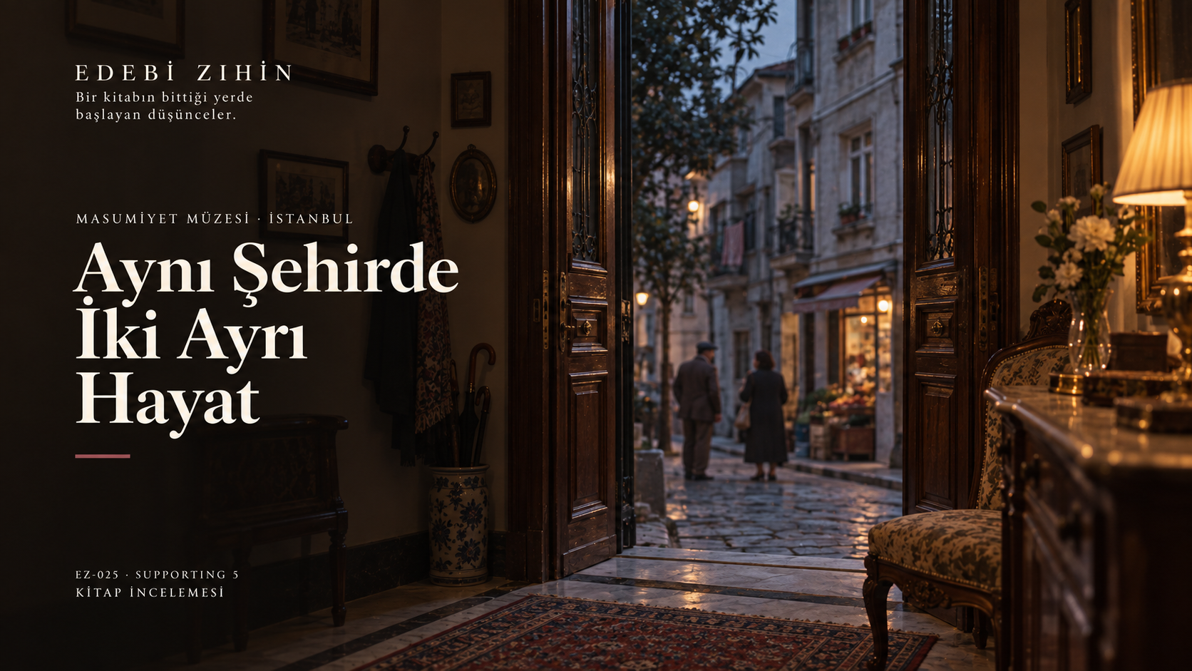 Eski İstanbul sokağına açılan bir evin içinden görünüm ve “Aynı Şehirde İki Ayrı Hayat” başlıklı Edebî Zihin kapağı.