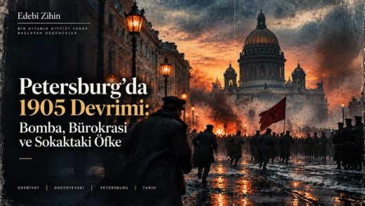 Petersburg’da 1905 Devrimi’ni çağrıştıran, karla kaplı sokakta askerler, kalabalıklar, duman ve kırmızı bayrakla siyasal şiddet atmosferini gösteren Edebî Zihin kapak illüstrasyonu.