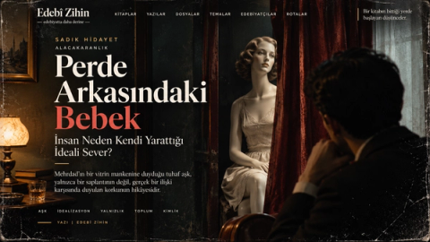 Perde Arkasındaki Bebek — Sadık Hidayet öyküsü, perde arkasında manken ve Mehrdad; Edebî Zihin tipografik görseli