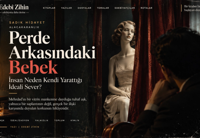 Perde Arkasındaki Bebek — Sadık Hidayet öyküsü, perde arkasında manken ve Mehrdad; Edebî Zihin tipografik görseli