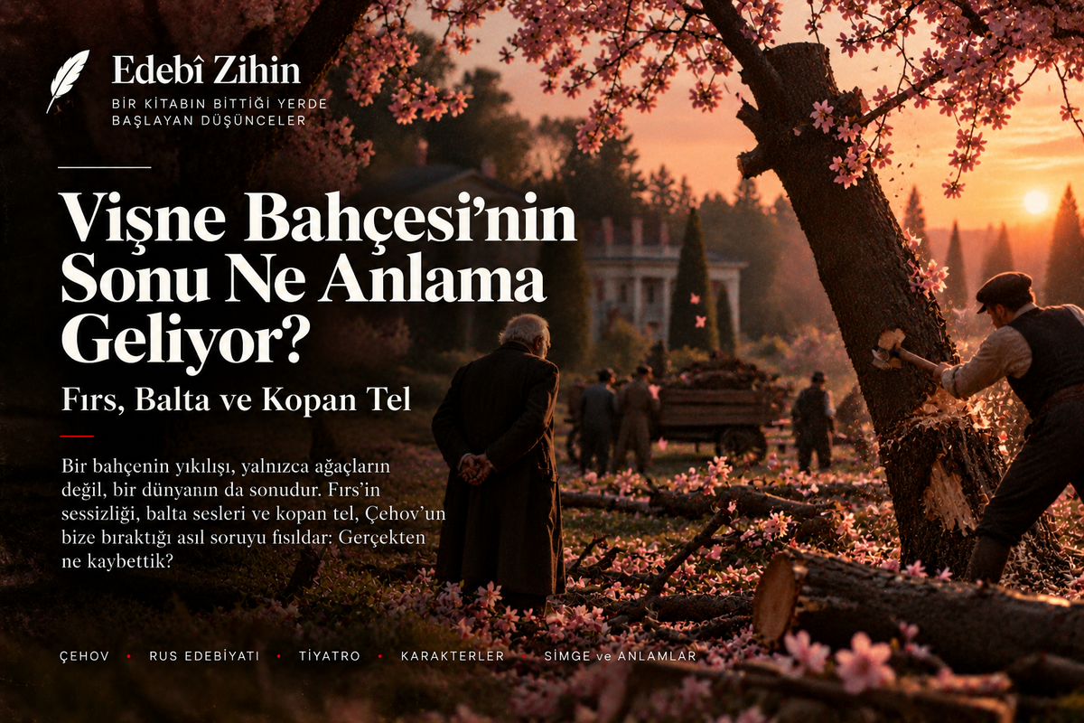 Vişne Bahçesi’nin Sonu Ne Anlama Geliyor? — Firs, balta sesleri ve kopan tel motifi üzerinden finali anlatan Edebî Zihin tipografik hero görseli