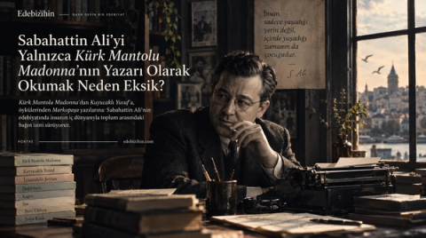 Sabahattin Ali’nin çalışma masasını, kitaplarını ve İstanbul manzarasını bir araya getiren sinematik editoryal portre görseli