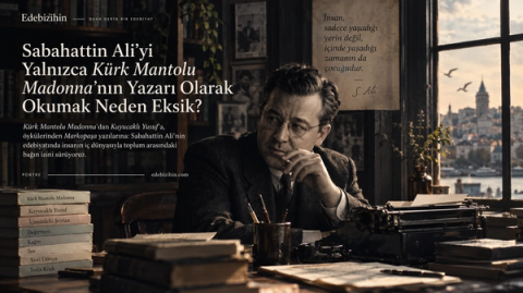 Sabahattin Ali’nin çalışma masasını, kitaplarını ve İstanbul manzarasını bir araya getiren sinematik editoryal portre görseli