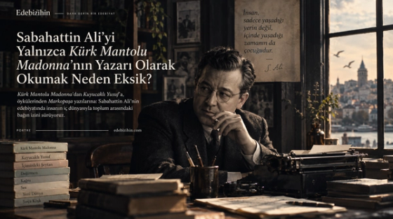 Sabahattin Ali’nin çalışma masasını, kitaplarını ve İstanbul manzarasını bir araya getiren sinematik editoryal portre görseli
