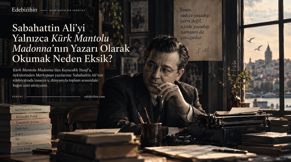 Sabahattin Ali’nin çalışma masasını, kitaplarını ve İstanbul manzarasını bir araya getiren sinematik editoryal portre görseli