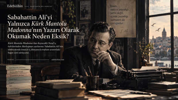 Sabahattin Ali’nin çalışma masasını, kitaplarını ve İstanbul manzarasını bir araya getiren sinematik editoryal portre görseli