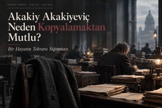 Akakiy Akakiyeviç’in kâğıtlar ve mürekkep arasında kopya yazdığı, paltonun tekrar düzenine giren farkı simgelediği Palto editoryal kapağı.