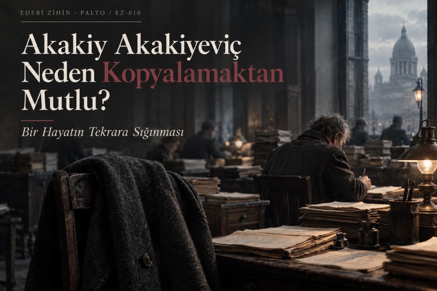 Akakiy Akakiyeviç’in kâğıtlar ve mürekkep arasında kopya yazdığı, paltonun tekrar düzenine giren farkı simgelediği Palto editoryal kapağı.