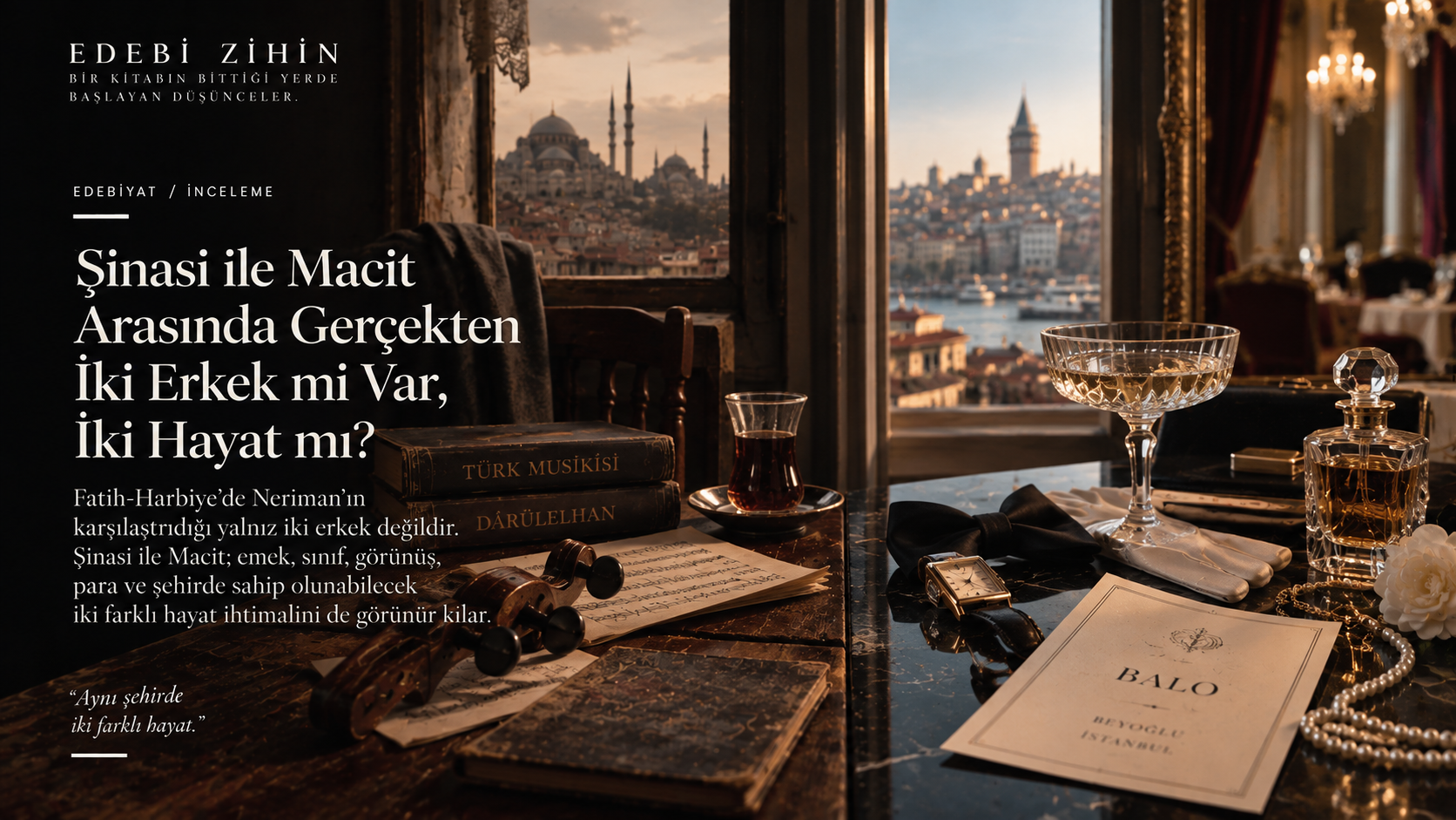 Şinasi ile Macit’in temsil ettiği iki farklı hayatı; Türk musikisi, notalar ve sade eşyalarla balo davetiyesi, parfüm, saat ve gösterişli objeler üzerinden karşılaştıran Edebi Zihin hero görseli.