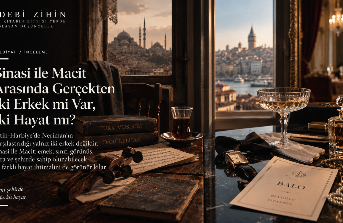 Şinasi ile Macit’in temsil ettiği iki farklı hayatı; Türk musikisi, notalar ve sade eşyalarla balo davetiyesi, parfüm, saat ve gösterişli objeler üzerinden karşılaştıran Edebi Zihin hero görseli.